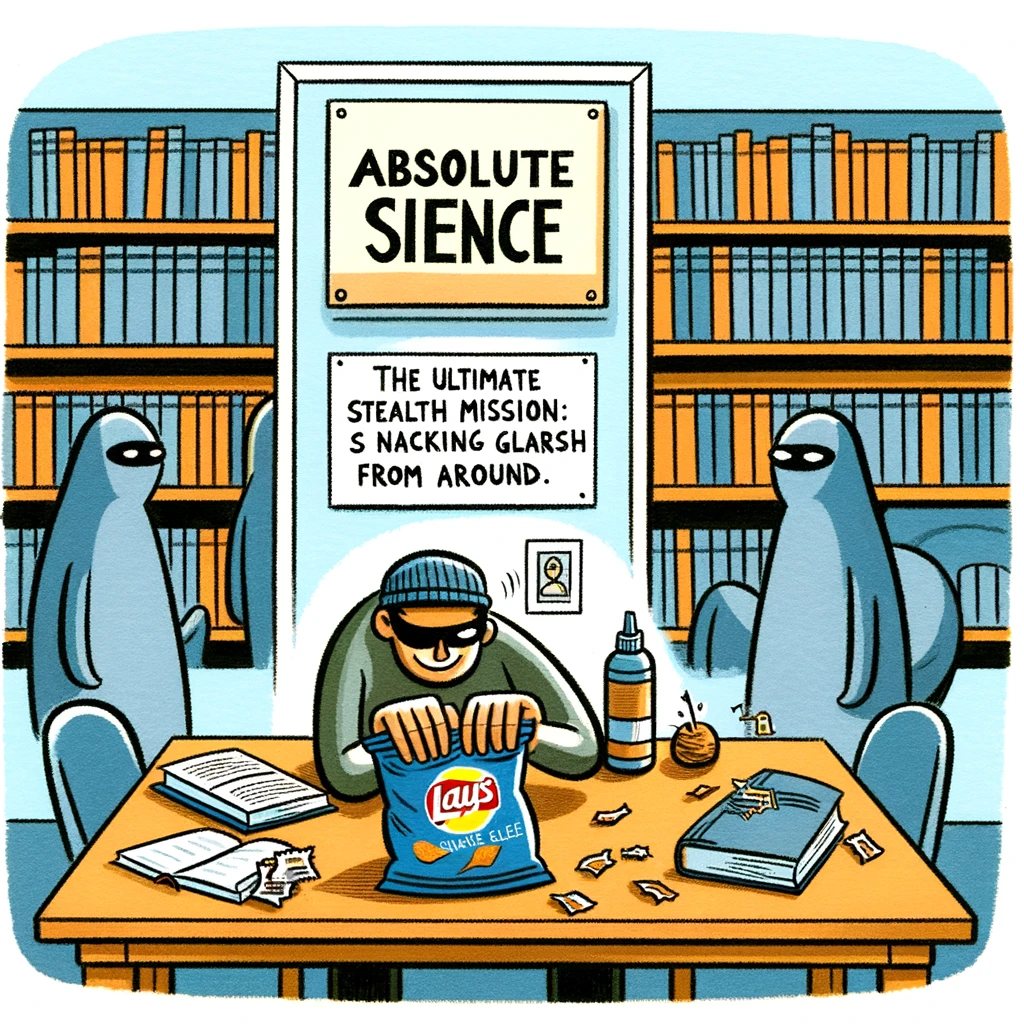 A library's quiet study area with a sign that reads "Absolute Silence." In the midst, a person trying to open a snack wrapper as quietly as possible, receiving glares from around. The caption reads, "The ultimate stealth mission: Snacking in the library."