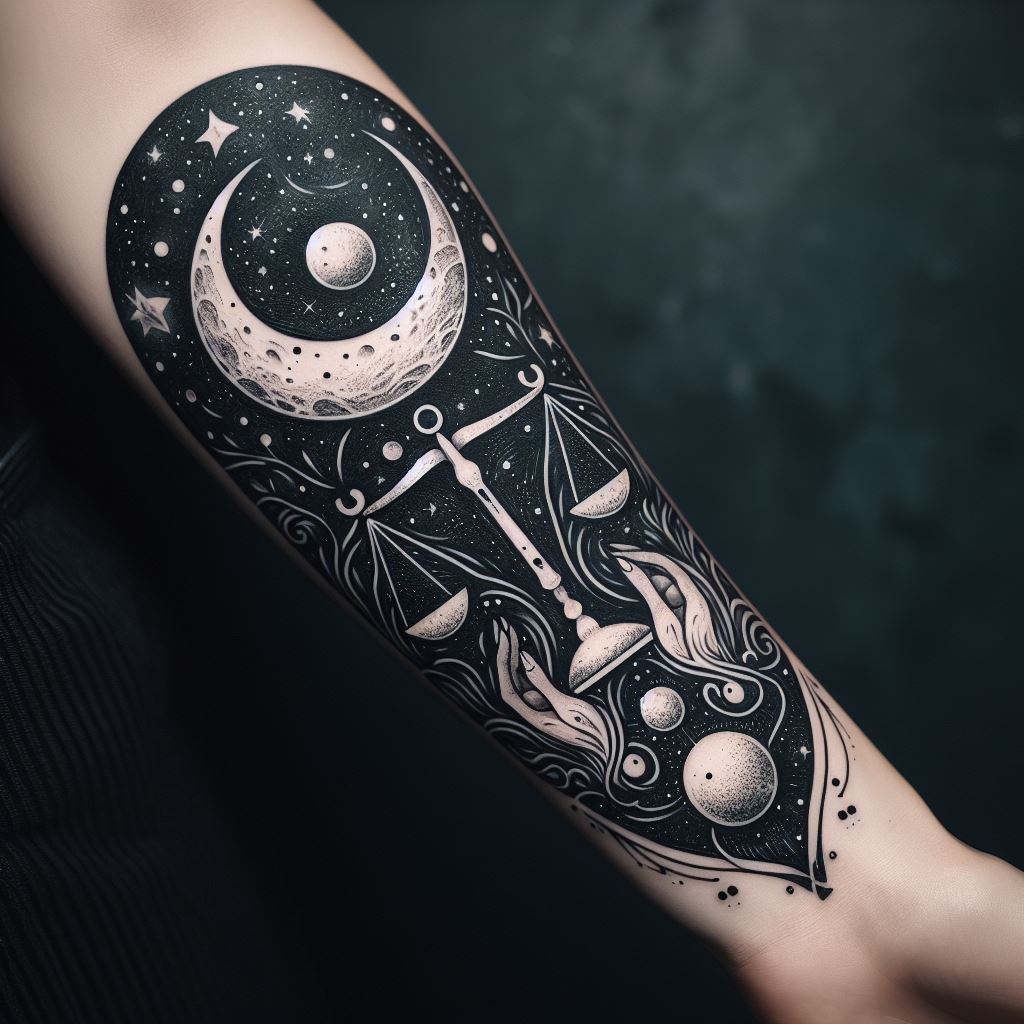 A celestial Libra tattoo, wrapped around the forearm like a band. The design combines the Libra scales with elements of the night sky, including moons, stars, and planets in harmonious alignment. The artwork captures the connection between the sign of Libra and its ruling planet Venus, celebrating beauty and balance.