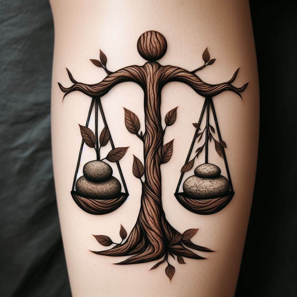 A rustic and earthy Libra tattoo, positioned on the lower leg. The design features the Libra scales constructed from branches and leaves, with stones balancing within each scale. This natural rendition emphasizes Libra's grounding qualities, with a deep connection to nature and the earth.