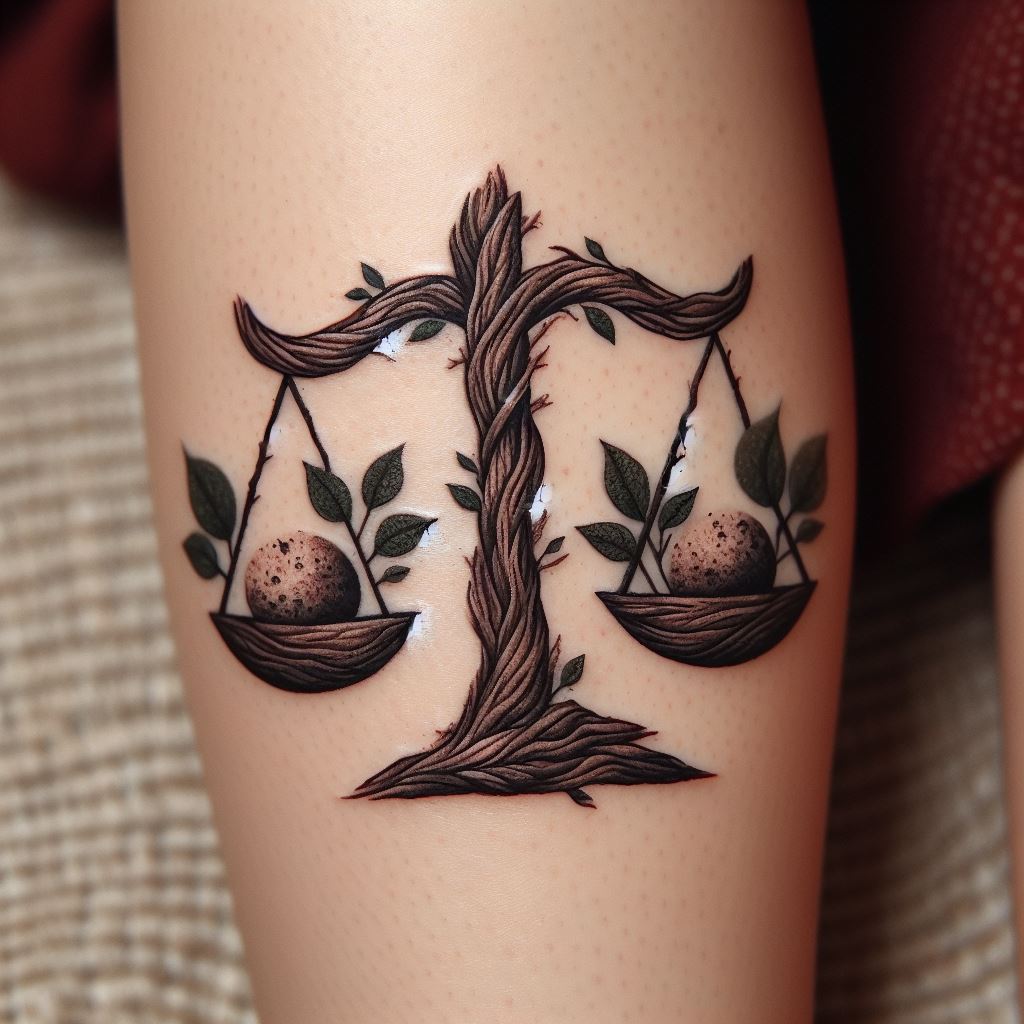 A rustic and earthy Libra tattoo, positioned on the lower leg. The design features the Libra scales constructed from branches and leaves, with stones balancing within each scale. This natural rendition emphasizes Libra's grounding qualities, with a deep connection to nature and the earth.