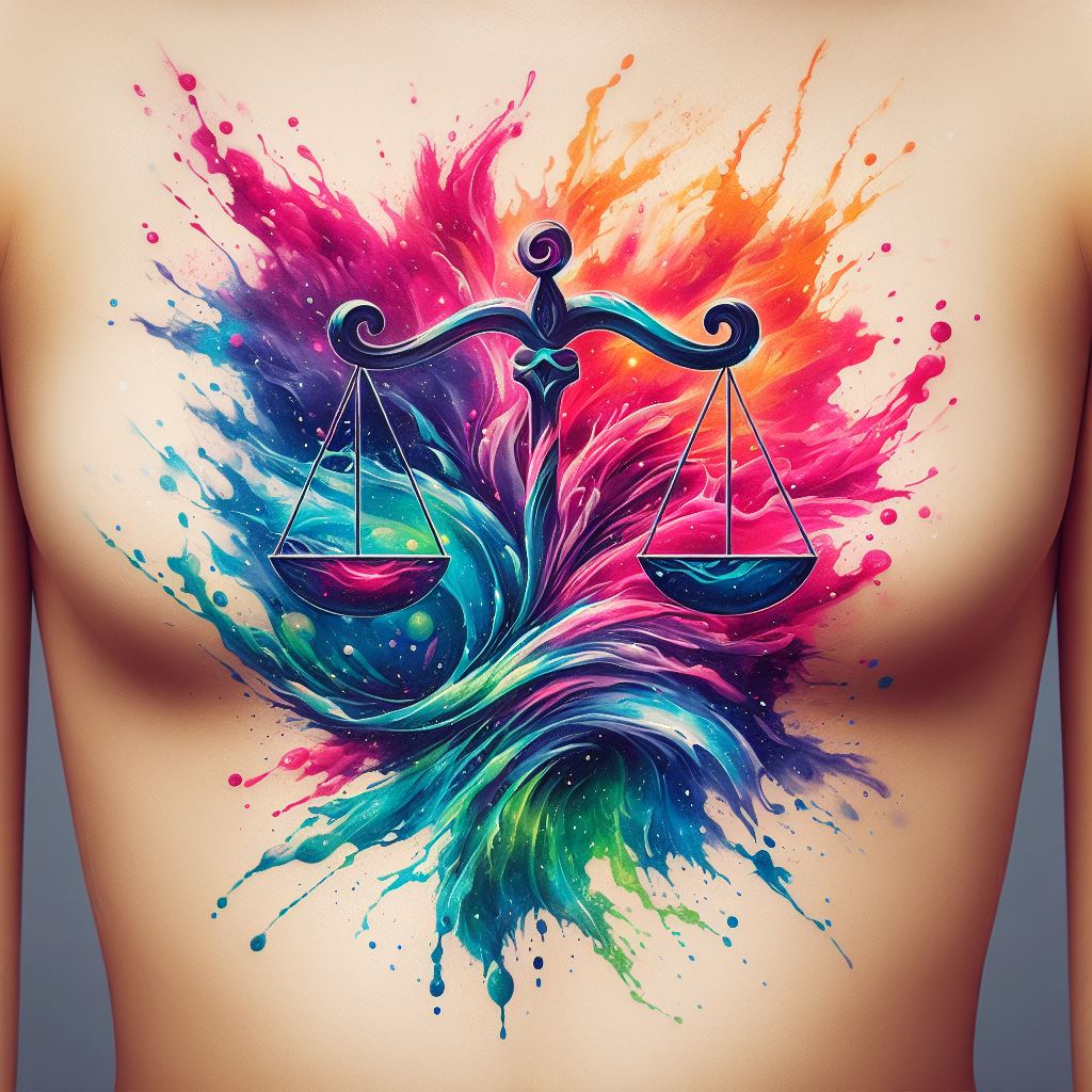A vibrant and dynamic Libra tattoo, splashed across the ribs. This design bursts with color, depicting the Libra scales amidst a splash of watercolor background that flows and merges in a spectrum of colors. It symbolizes the fluidity of balance and the harmony of opposites, captured in a moment of beautiful chaos.