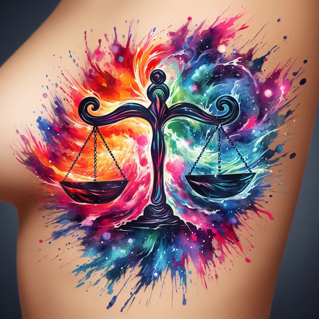 A vibrant and dynamic Libra tattoo, splashed across the ribs. This design bursts with color, depicting the Libra scales amidst a splash of watercolor background that flows and merges in a spectrum of colors. It symbolizes the fluidity of balance and the harmony of opposites, captured in a moment of beautiful chaos.