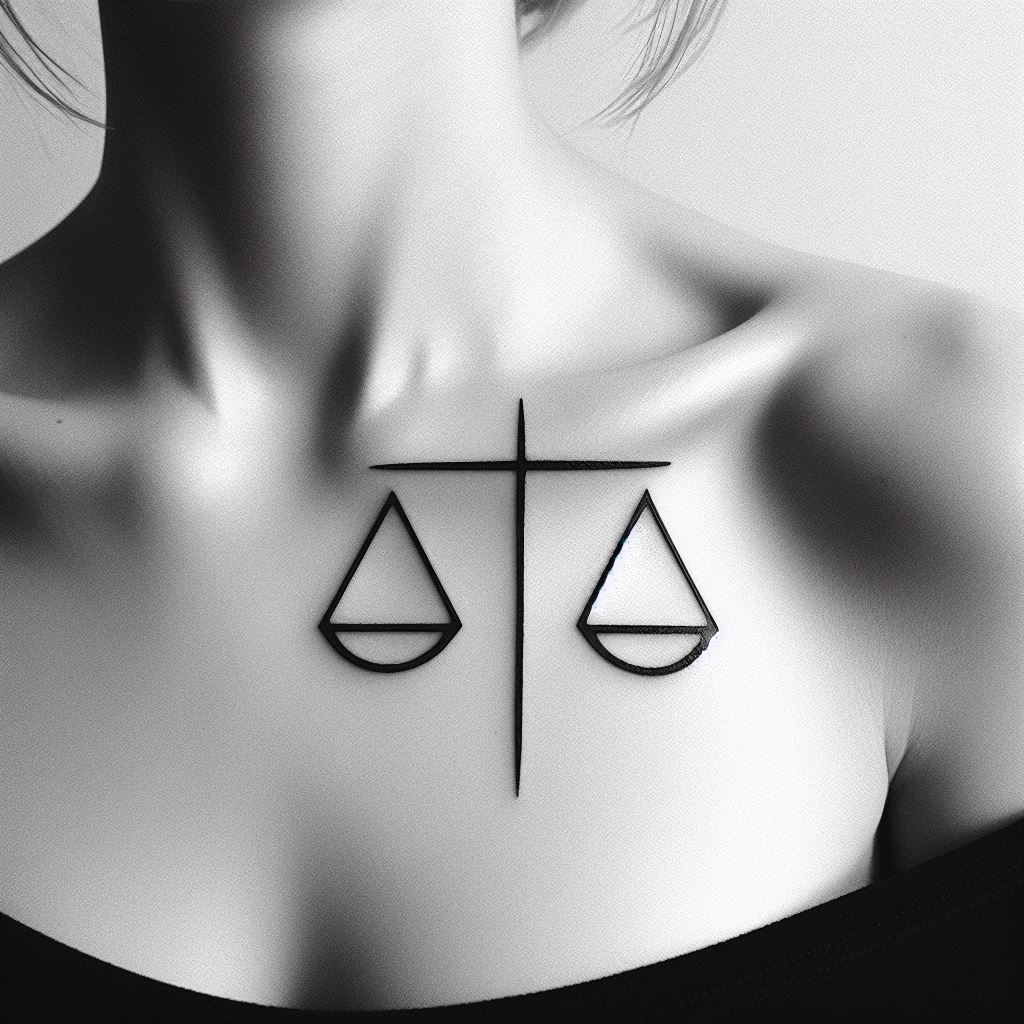 An edgy and abstract Libra tattoo, inked along the collarbone. This minimalist design uses sharp, angular lines to suggest the form of the Libra scales, with a single, bold line bisecting the space to represent equilibrium. The simplicity of the design speaks to a modern aesthetic, focusing on form and space.