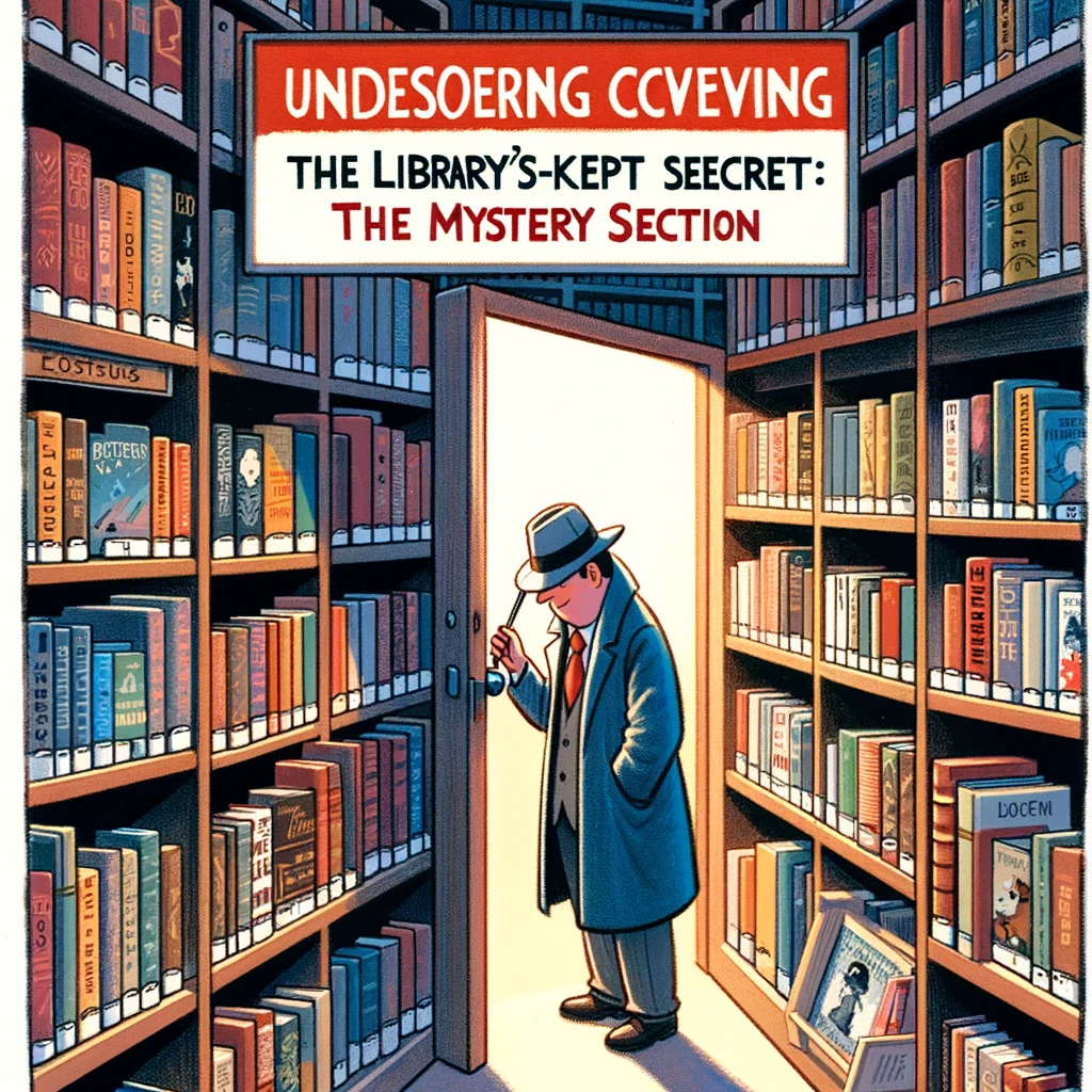 A library section dedicated to mystery novels, with a bookshelf door slightly ajar, revealing a secret room. A patron with a detective hat peeks curiously inside. The caption reads, "Uncovering the library's best-kept secret: The mystery section."