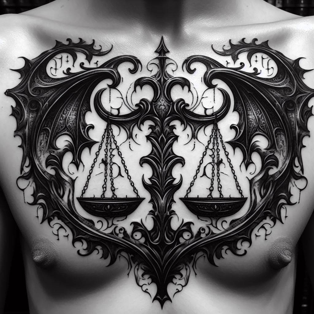 A gothic-inspired Libra tattoo, located on the upper chest. The scales are rendered in a dark, ornate style, with each scale detailed like the wings of a bat. Gothic architectural elements, such as pointed arches and intricate tracery, frame the scales, invoking a sense of mystery and ancient wisdom.
