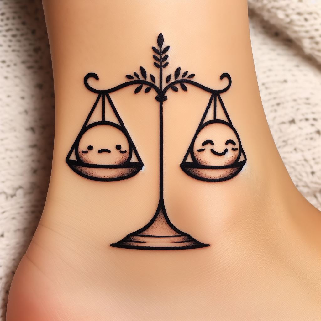 A playful and cute Libra tattoo, cheerfully placed on the ankle. This design imagines the Libra scales as two smiling faces, one happy and one sad, balancing on a whimsical beam. The playful approach to the symbol of balance adds a light-hearted touch, perfect for those who view life with a sense of humor.