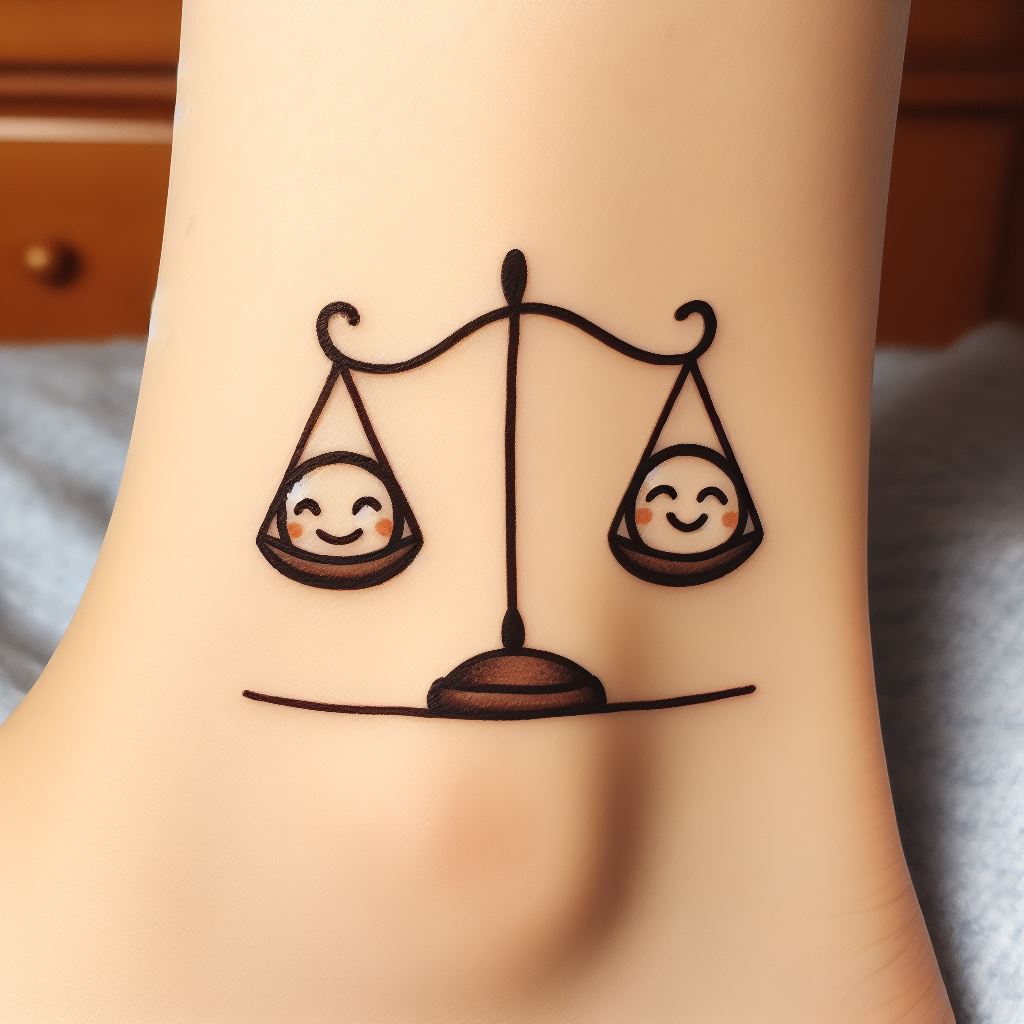 A playful and cute Libra tattoo, cheerfully placed on the ankle. This design imagines the Libra scales as two smiling faces, one happy and one sad, balancing on a whimsical beam. The playful approach to the symbol of balance adds a light-hearted touch, perfect for those who view life with a sense of humor.