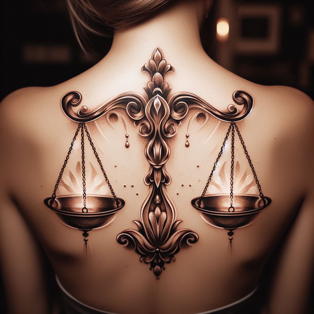 A refined and sophisticated Libra tattoo, elegantly inked on the back of the shoulder. The design features the Libra scales hanging from a classic chandelier, with each scale illuminated by a soft, glowing light. This artistic interpretation combines luxury and balance, creating a tattoo that is both beautiful and meaningful.