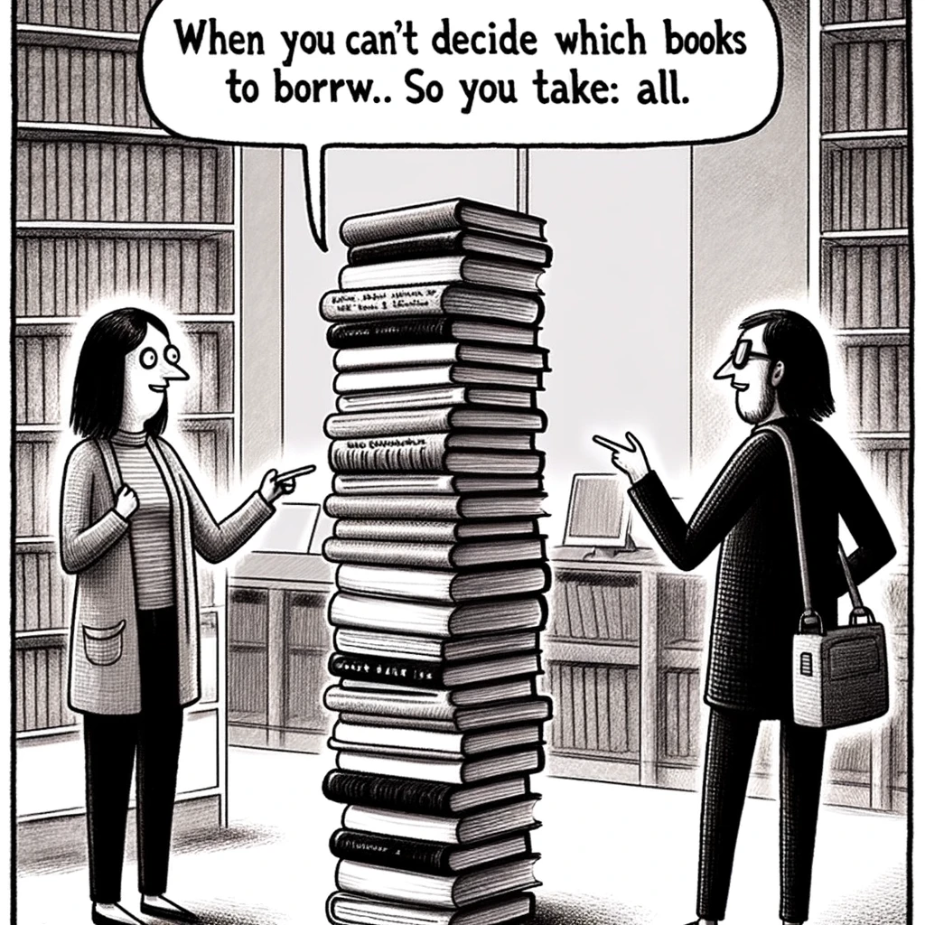 In a library, a person is standing with a stack of books so tall, it obscures their face. Another patron is pointing and laughing. The caption reads, "When you can't decide which book to borrow... so you take them all."
