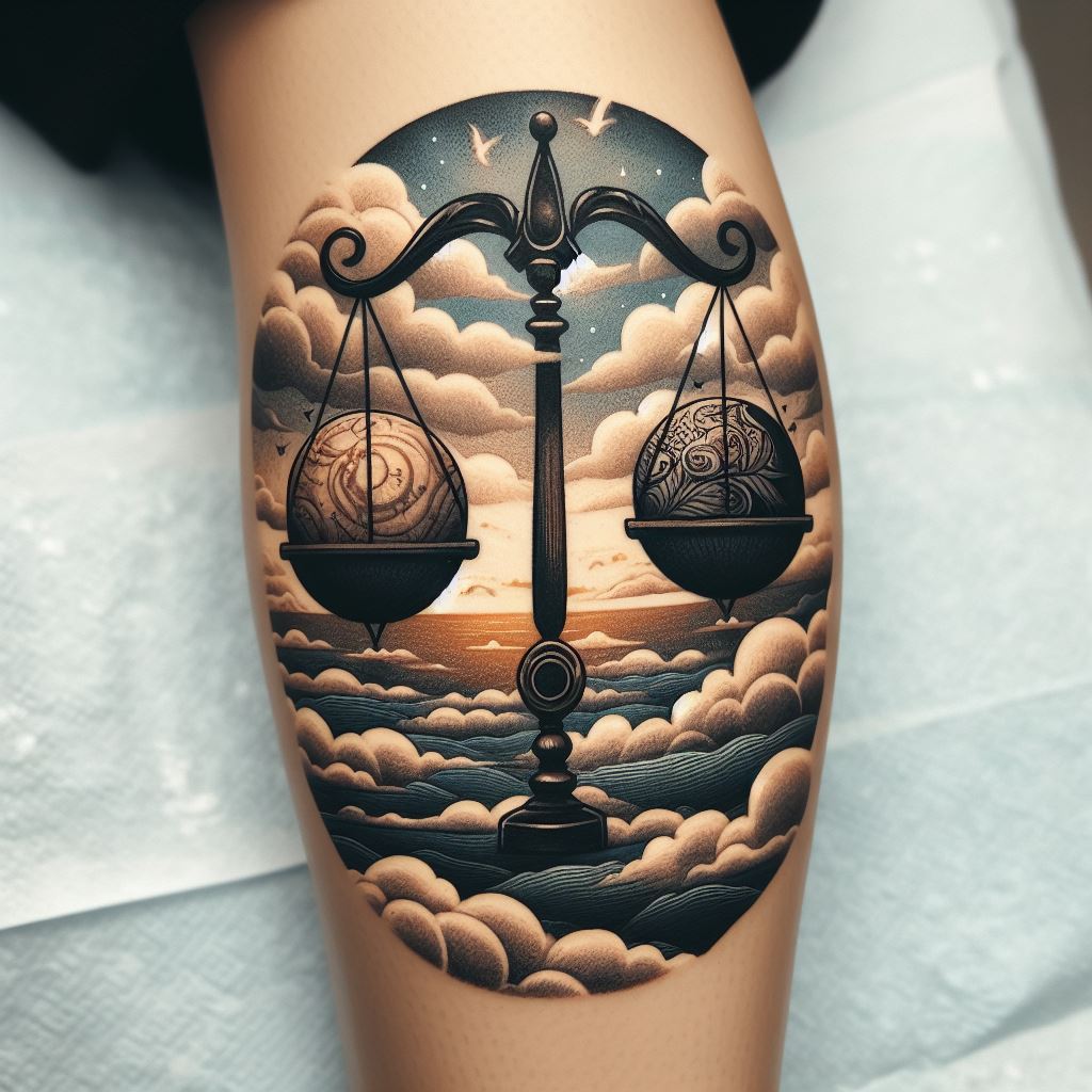 An adventurous and exploratory Libra tattoo, boldly placed on the calf. The design depicts the Libra scales as two hot air balloons, floating in the sky among the clouds. Each balloon is balanced perfectly against the other, symbolizing the journey towards equilibrium and the adventure of finding balance in life.