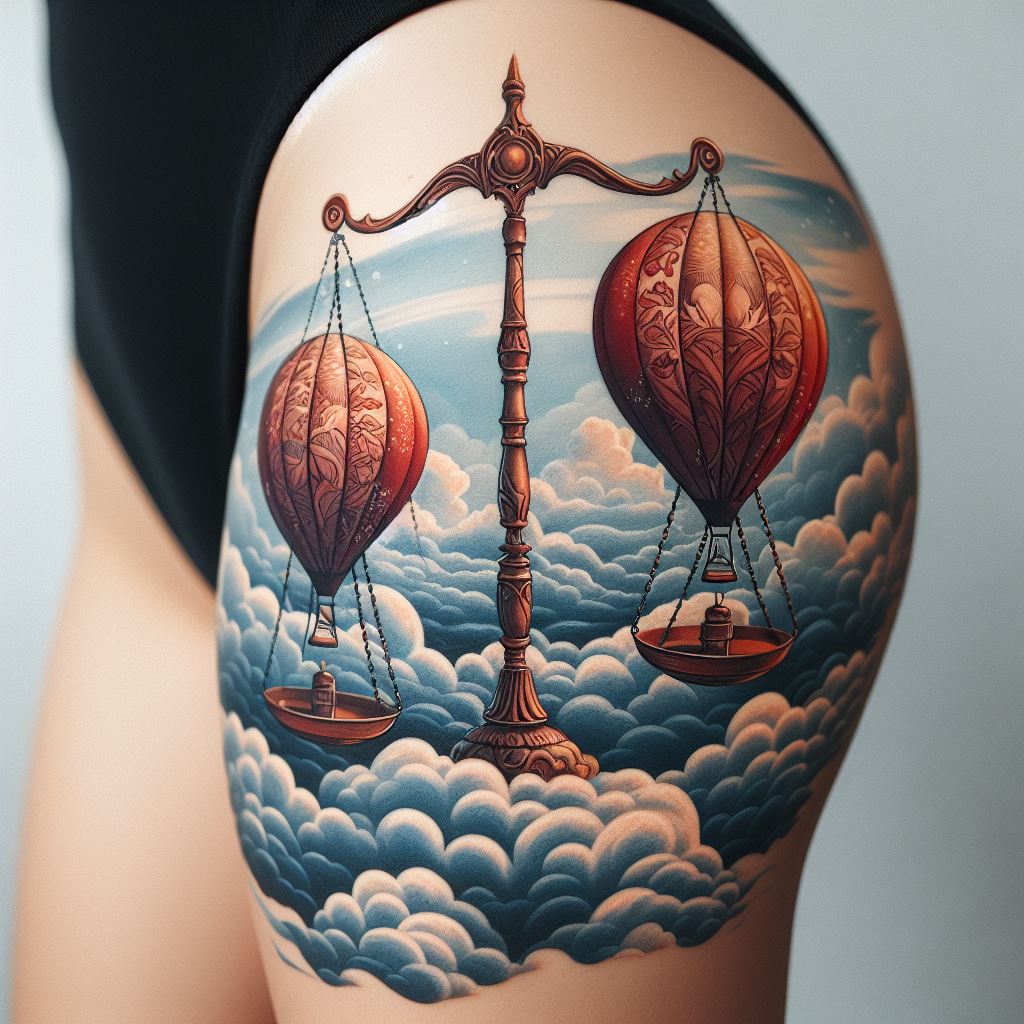 An adventurous and exploratory Libra tattoo, boldly placed on the calf. The design depicts the Libra scales as two hot air balloons, floating in the sky among the clouds. Each balloon is balanced perfectly against the other, symbolizing the journey towards equilibrium and the adventure of finding balance in life.