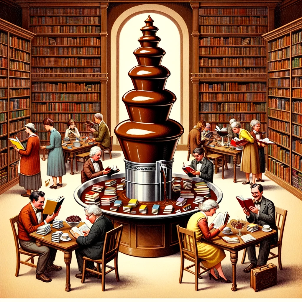 A library with an extravagant chocolate fountain in the center, surrounded by books. Patrons are dipping books into the chocolate. The caption reads, "Literary indulgence: When the library decides to mix books with dessert."