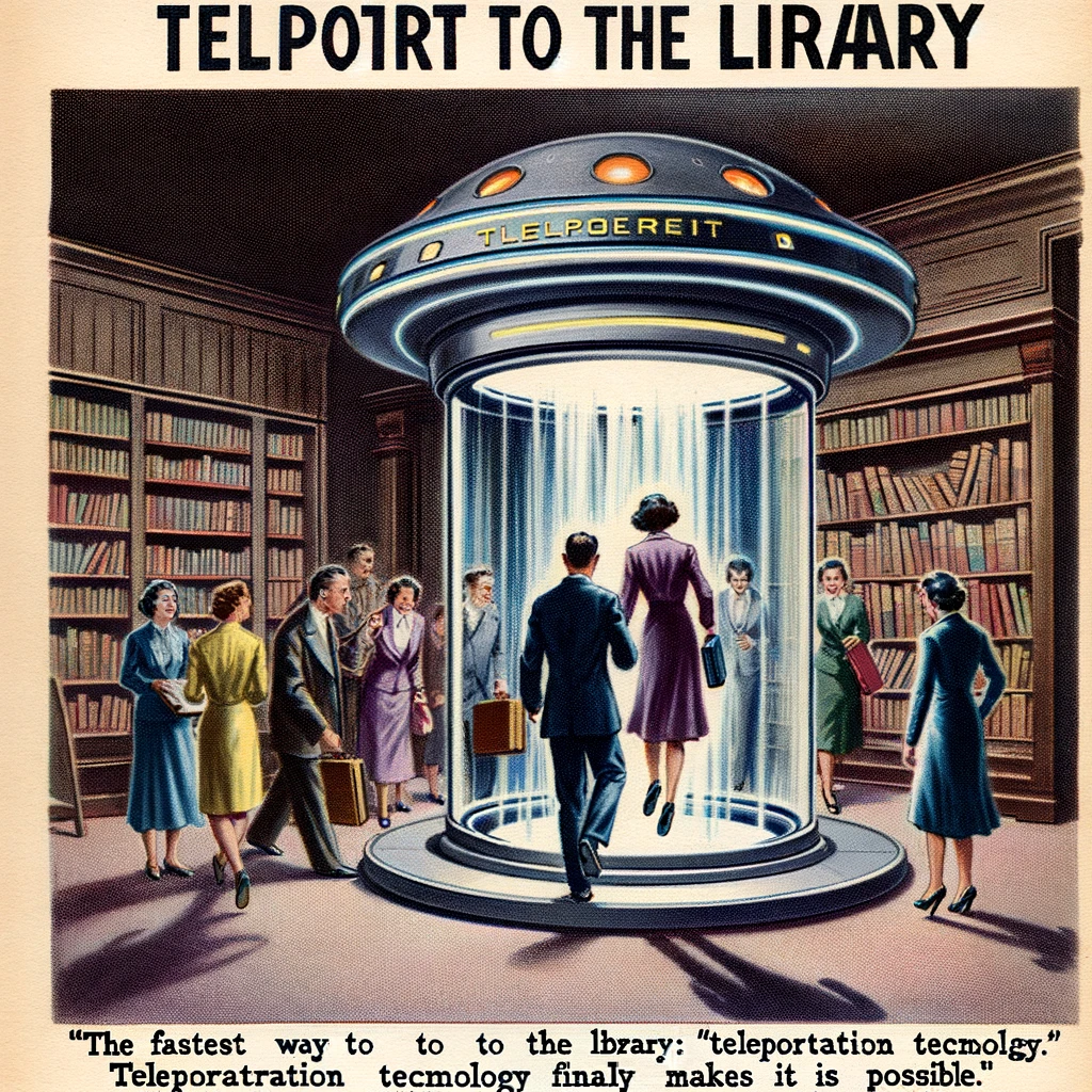 A library with a futuristic teleportation pod instead of a front door. Patrons are stepping out of the pod, amazed. The caption reads, "The fastest way to the library: Teleportation technology finally makes it possible."