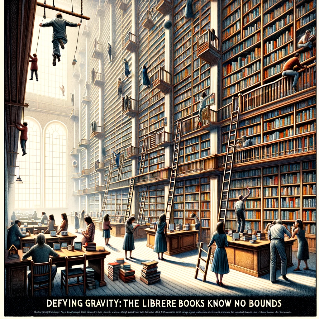 A library where all the books are floating above the shelves, with patrons using ladders to reach them. The caption reads, "Defying gravity: The library where books know no bounds."