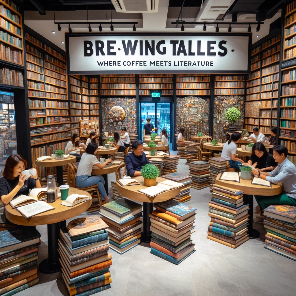 A library café where every table is a giant book and the chairs are made of stacked books. Patrons are enjoying coffee and reading. The caption reads, "Brewing tales: Where coffee meets literature."