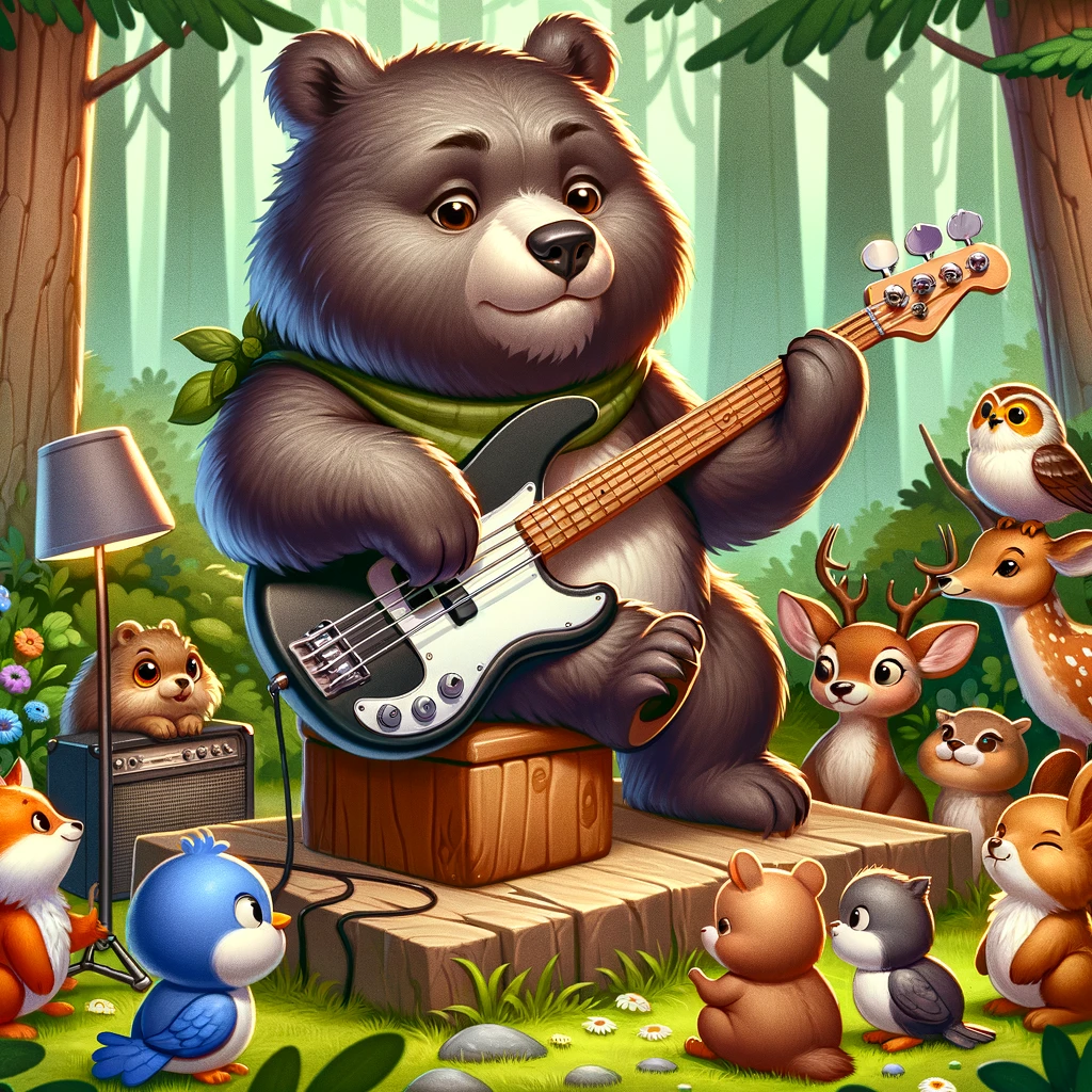 A charming image of a bear playing a bass guitar in the forest, with woodland creatures gathered around, listening intently, captioned, "Forest jam session."