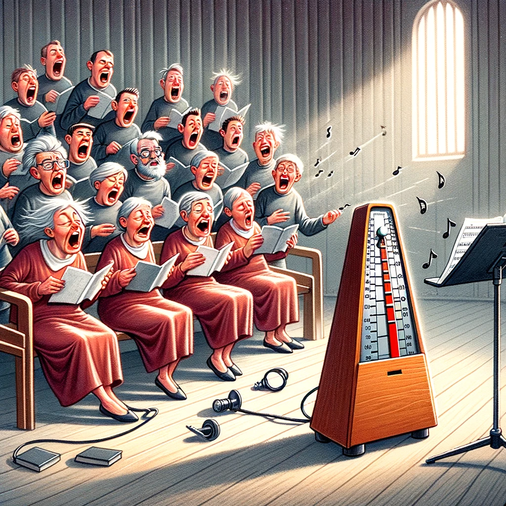A humorous scene where a choir is trying to sing along with a metronome, but the metronome is set too fast, leading to chaos. Caption: "When the metronome takes the lead."