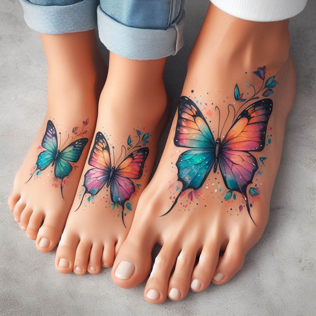 Matching watercolor-style butterfly tattoos, located on the ankles of a mother and daughter. Each butterfly should have slightly different colors to symbolize their individuality, yet maintain a cohesive look to represent their connection. The butterflies should appear as if they are about to take flight, with vibrant colors and a sense of lightness.