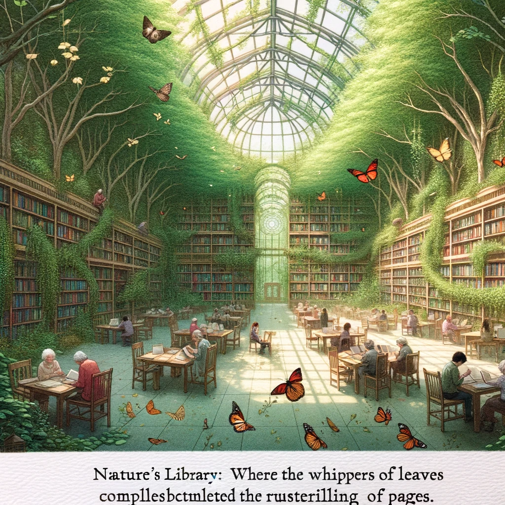 A library with an indoor garden, where patrons can read books under tree canopies. Birds and butterflies flutter around. The caption reads, "Nature's library: Where the whispers of leaves complement the rustling of pages."