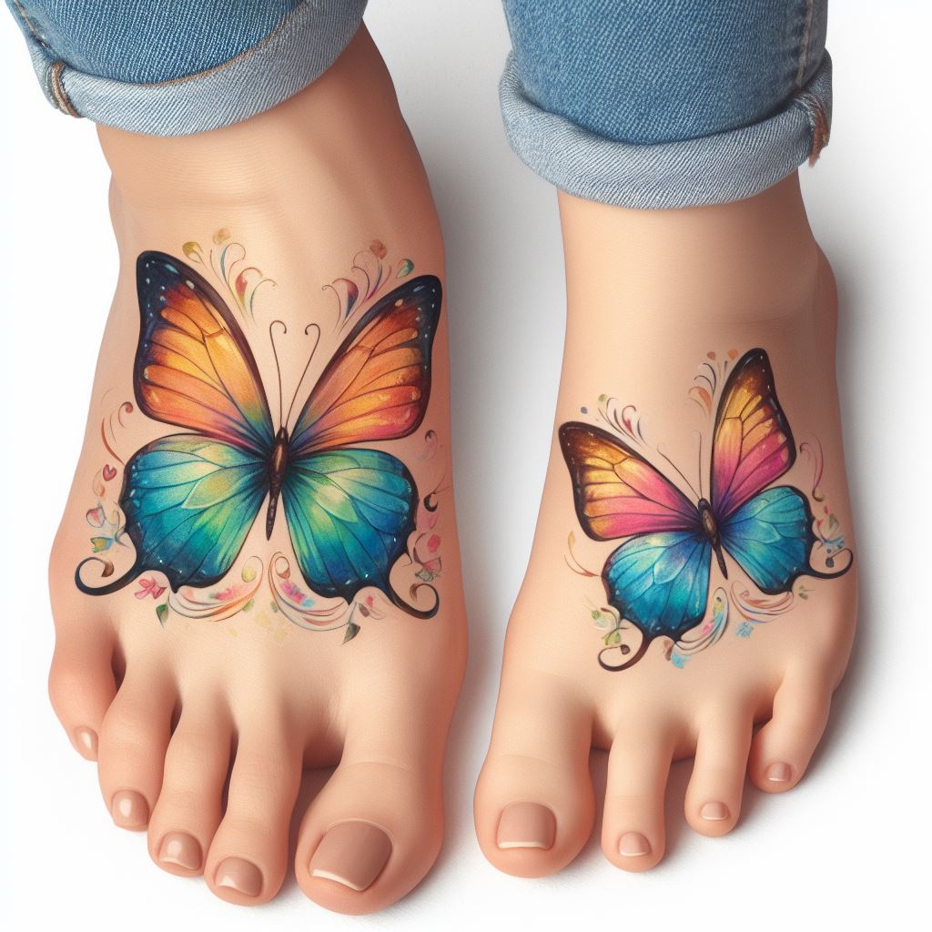 Matching watercolor-style butterfly tattoos, located on the ankles of a mother and daughter. Each butterfly should have slightly different colors to symbolize their individuality, yet maintain a cohesive look to represent their connection. The butterflies should appear as if they are about to take flight, with vibrant colors and a sense of lightness.