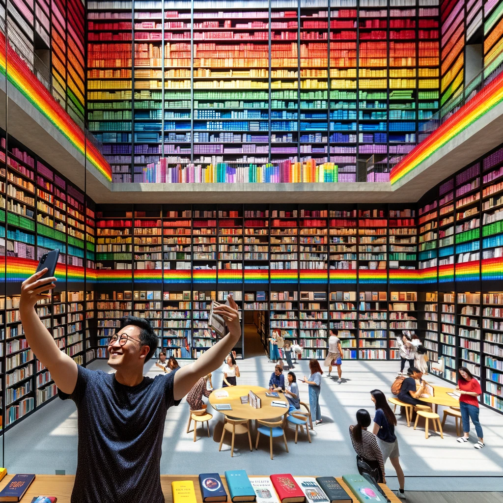 A library where the books on the shelves are all different sizes and colors, creating a rainbow effect. Patrons are taking selfies with the colorful backdrop. The caption reads, "Reading the rainbow: The library that doubles as a work of art."