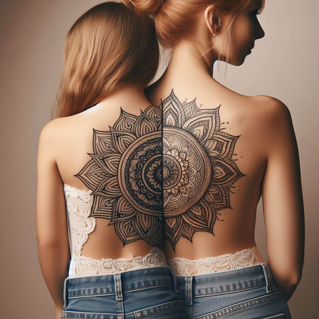 A mother and daughter each with a tattoo of a half mandala that completes the other, located on their respective left and right shoulder blades. The mandala design should be intricate, symbolizing unity and harmony, with a fine line style that includes floral and geometric patterns. The background should be neutral to highlight the mandala's complexity and symmetry.