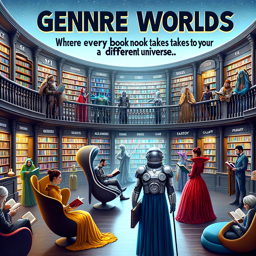 A library where each reading nook is designed to look like a different genre, from sci-fi with futuristic chairs to fantasy with castle walls. Patrons are dressed in costumes matching their reading spot. The caption reads, "Genre worlds: Where every book nook takes you to a different universe."