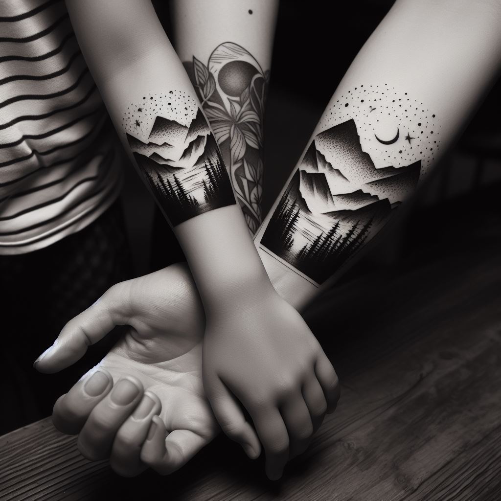 A mother and daughter with forearm tattoos that, when joined together, form a complete landscape scene. The scene should depict a serene mountain range under a starry sky, symbolizing their journey and shared adventures. The tattoos should be in a minimalist black ink style, focusing on clean lines and dotwork for the stars.