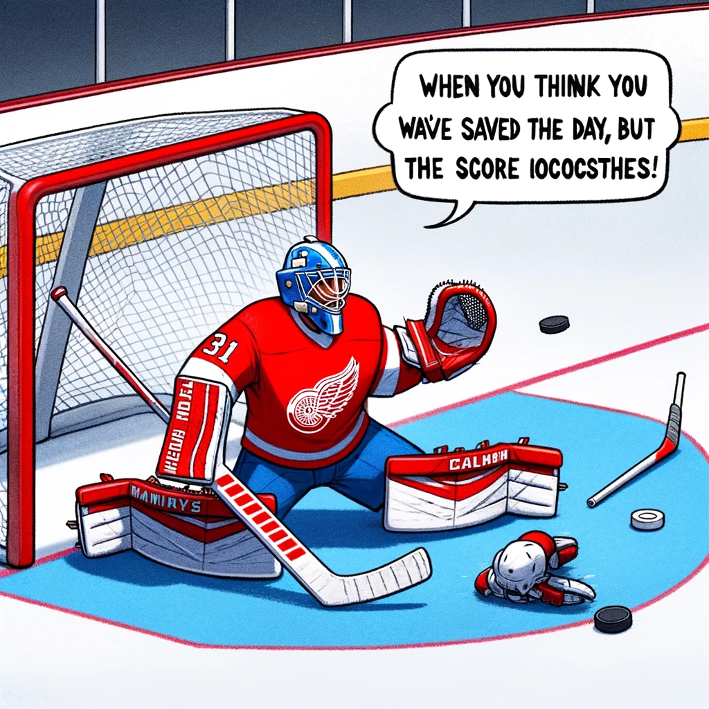 A goalie celebrating a save, not realizing the puck slipped in behind them, with the caption 'When you think you've saved the day, but the score says otherwise'.