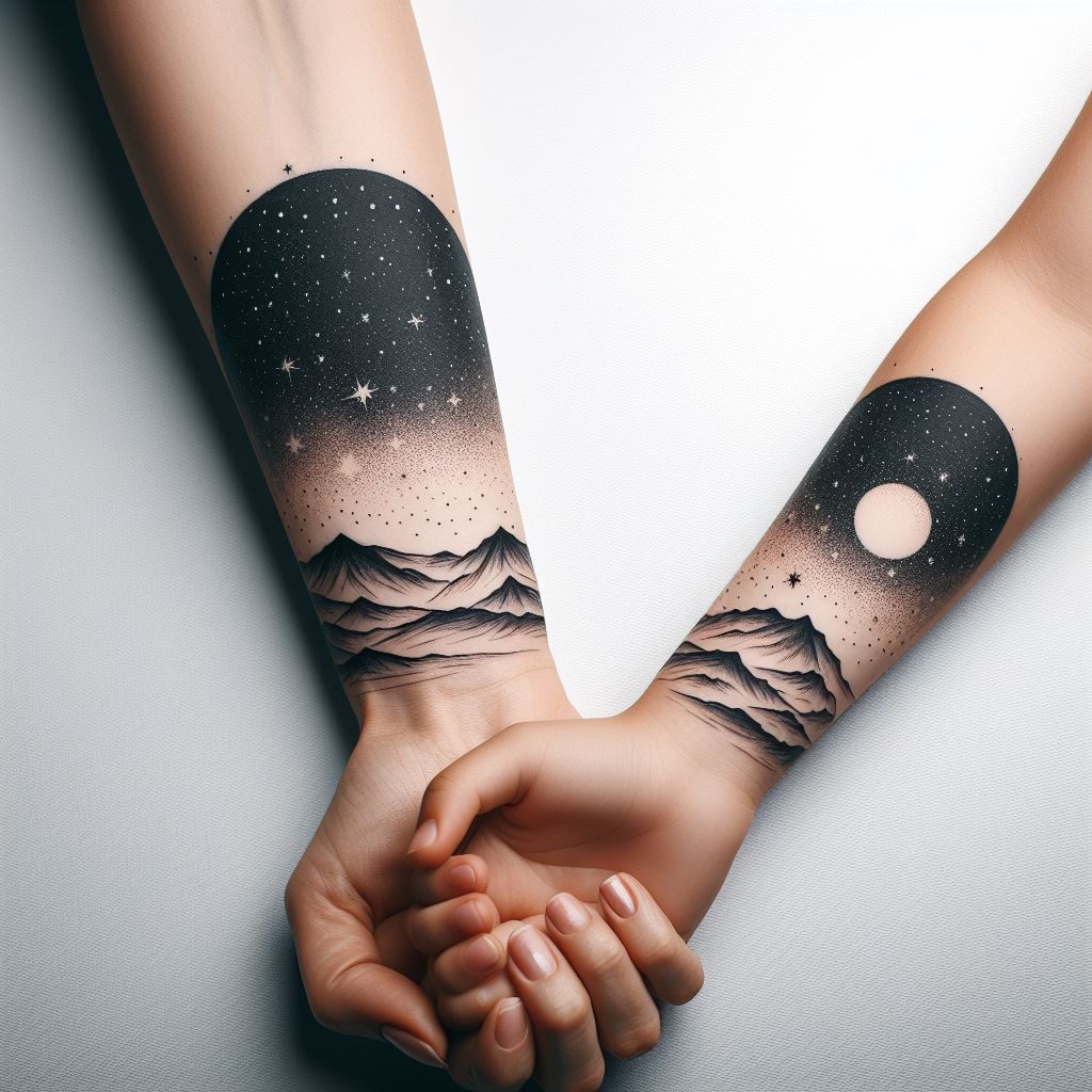 A mother and daughter with forearm tattoos that, when joined together, form a complete landscape scene. The scene should depict a serene mountain range under a starry sky, symbolizing their journey and shared adventures. The tattoos should be in a minimalist black ink style, focusing on clean lines and dotwork for the stars.