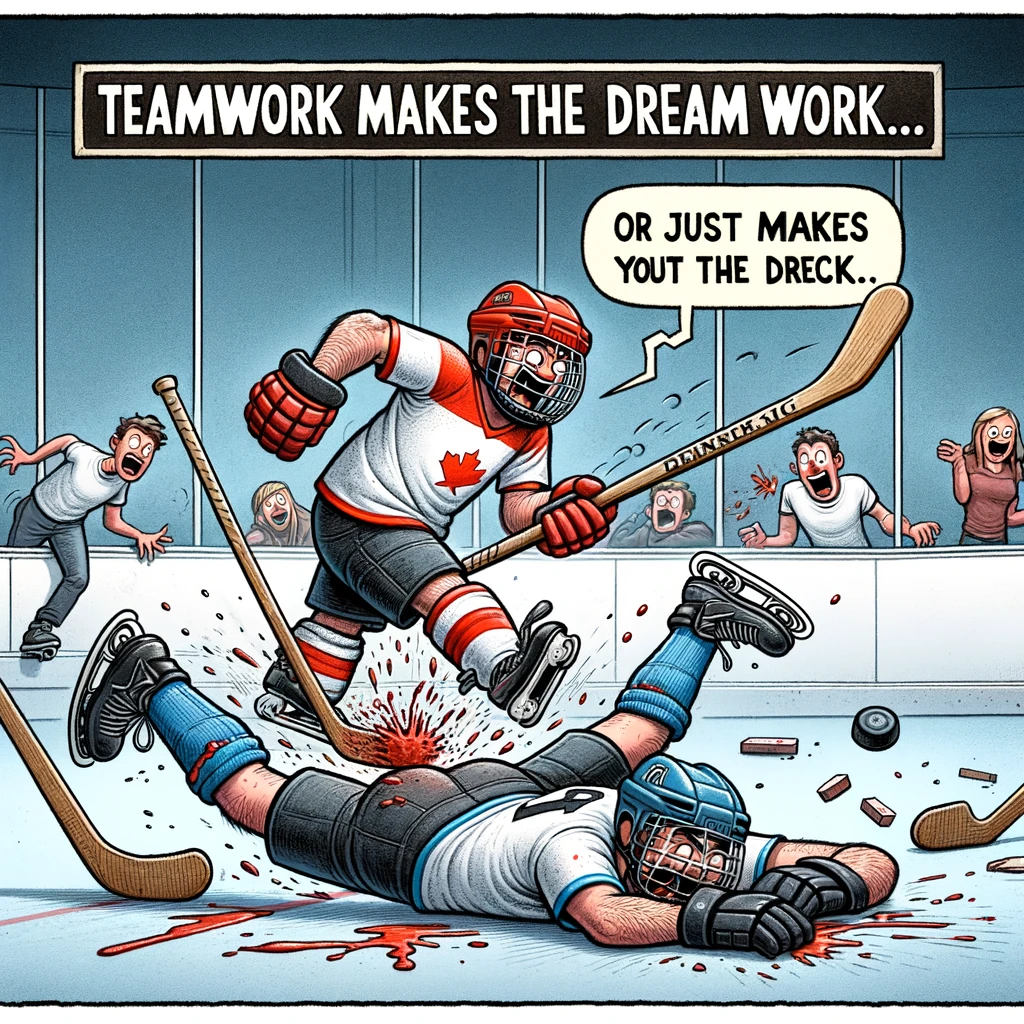 Two hockey players accidentally colliding with each other, with the caption 'Teamwork makes the dream work... or just makes you hit the deck'.