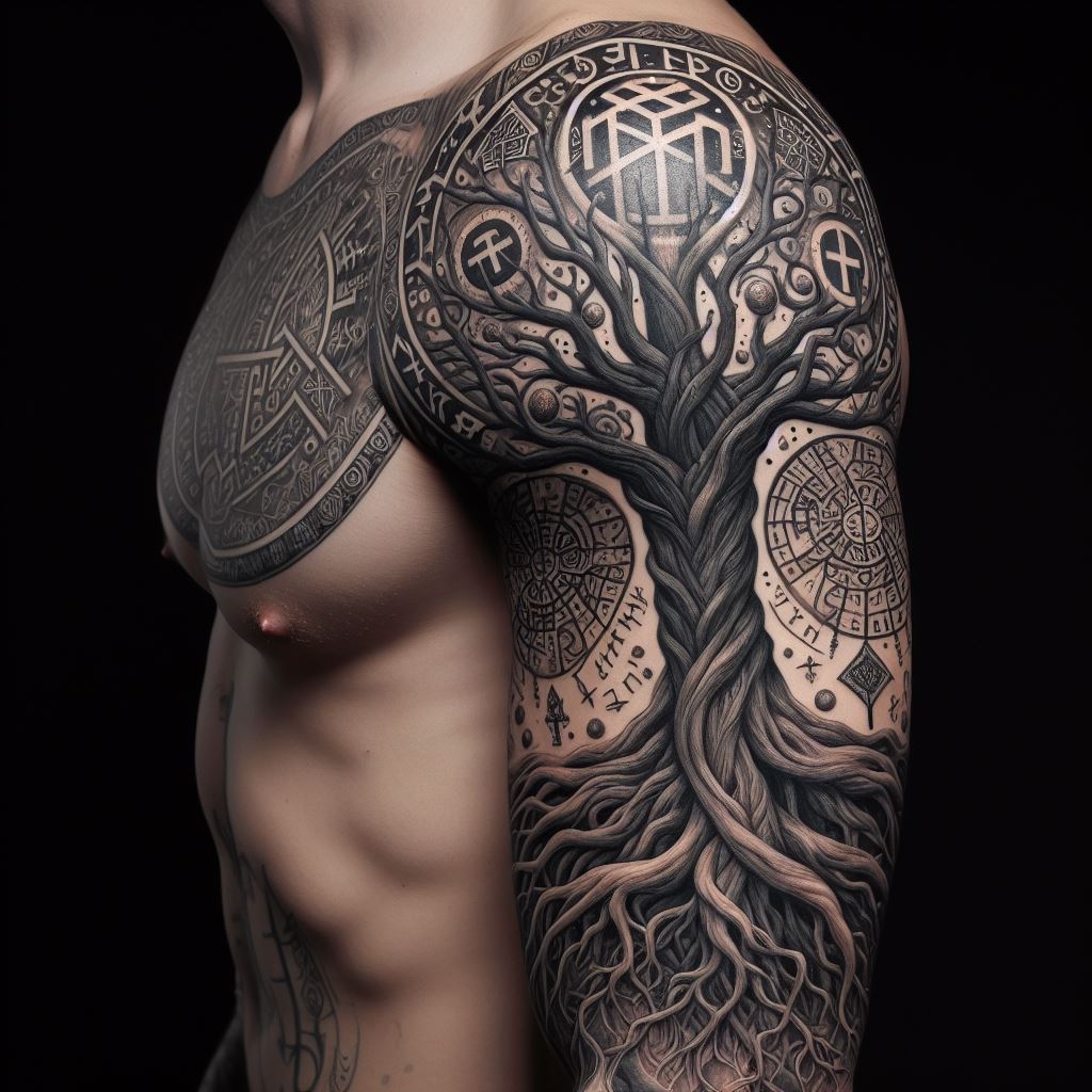 A detailed sleeve tattoo featuring Norse mythology's Yggdrasil, the Tree of Life, intertwining with various Norse symbols such as the Valknut and the Helm of Awe. The branches should spread across the shoulder, down the arm, with roots wrapping around the wrist.