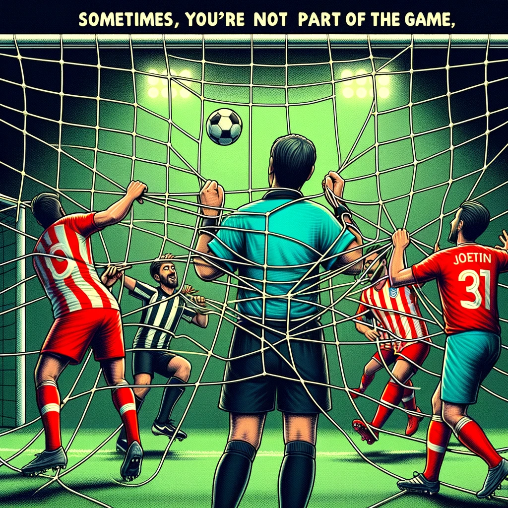 A referee tangled in the net while players continue the game, with the caption 'Sometimes, you're not part of the game, you're just in the way'.