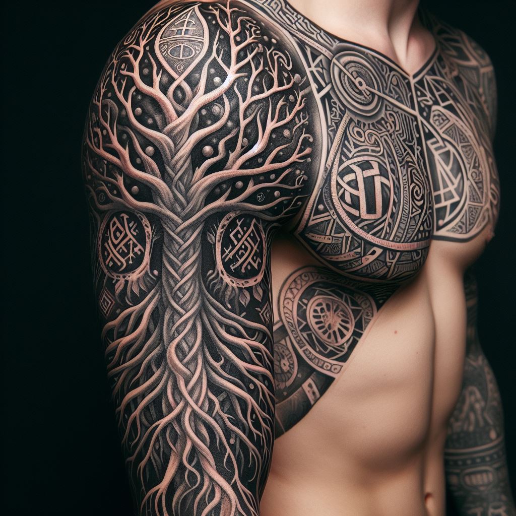 A detailed sleeve tattoo featuring Norse mythology's Yggdrasil, the Tree of Life, intertwining with various Norse symbols such as the Valknut and the Helm of Awe. The branches should spread across the shoulder, down the arm, with roots wrapping around the wrist.