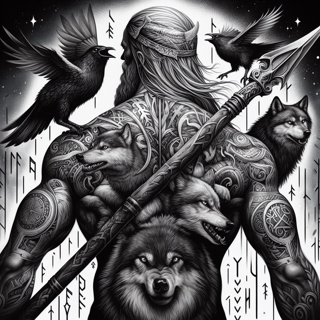 A bold back tattoo showcasing Odin, the Allfather, in a dynamic battle stance, wielding his spear, Gungnir, surrounded by his two ravens, Huginn and Muninn, and his wolves, Geri and Freki. The imagery should cover the entire back, with Norse runes flowing along the spine.