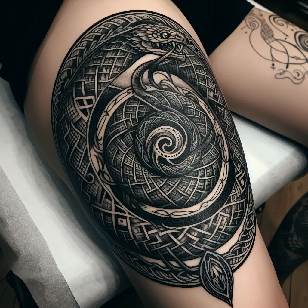 An intricate leg tattoo depicting the World Serpent, Jormungandr, encircling the leg, from thigh to ankle, in an ouroboros style. Include Norse patterns and knotwork seamlessly integrated into the serpent's scales.