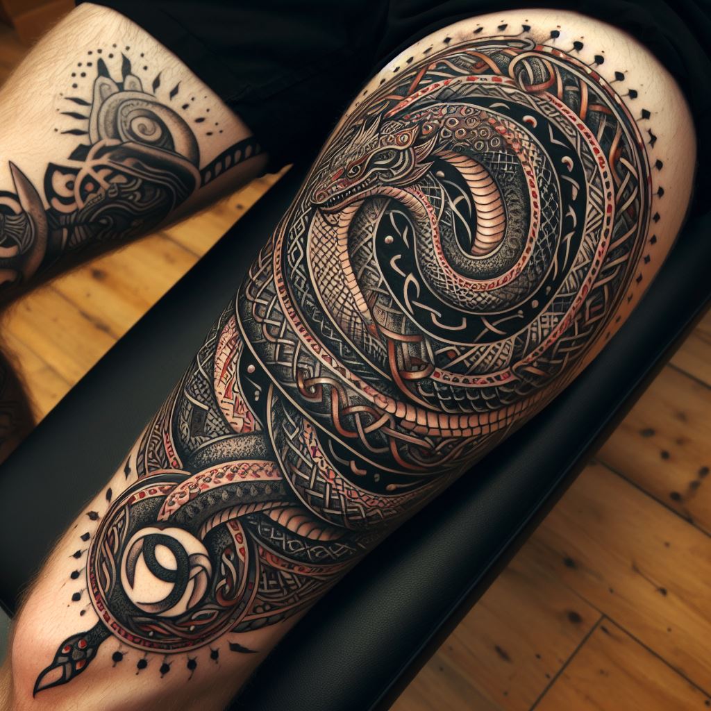 An intricate leg tattoo depicting the World Serpent, Jormungandr, encircling the leg, from thigh to ankle, in an ouroboros style. Include Norse patterns and knotwork seamlessly integrated into the serpent's scales.