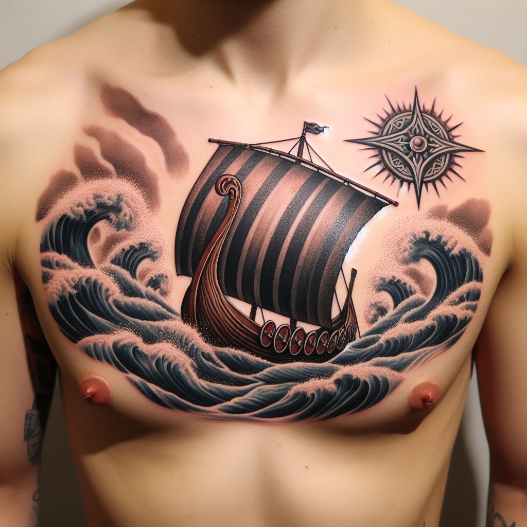 A chest tattoo featuring a Viking longship sailing through tumultuous seas, with the Vegvisir symbol above it as a guiding star. The ship should be detailed, with shields lining its side, and waves should appear almost lifelike, covering the chest area.