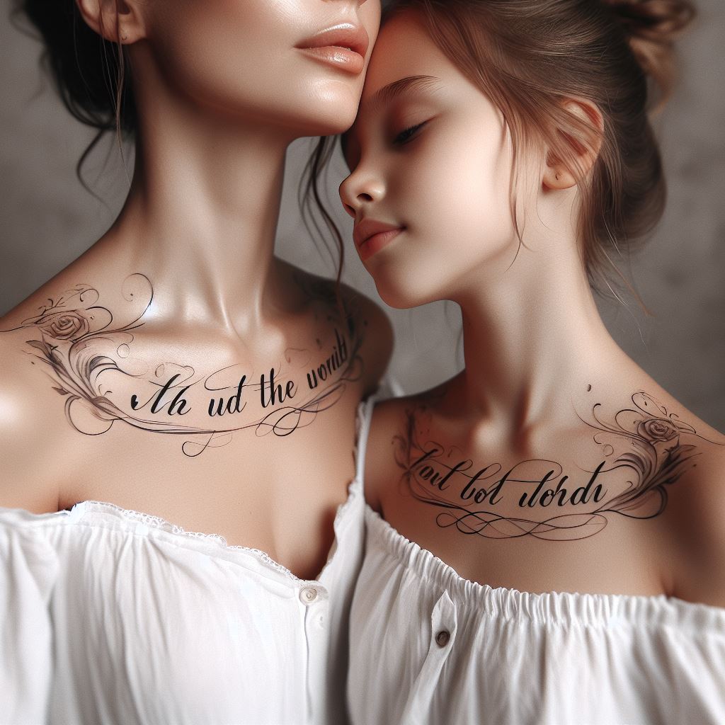 A mother and daughter with elegant, matching collarbone tattoos featuring a quote split into two parts, one for each of them. The quote should be in a graceful, cursive font, flowing along the collarbone to complement its natural curve. The background should be soft and muted, focusing attention on the typography and the meaningful words shared between them.