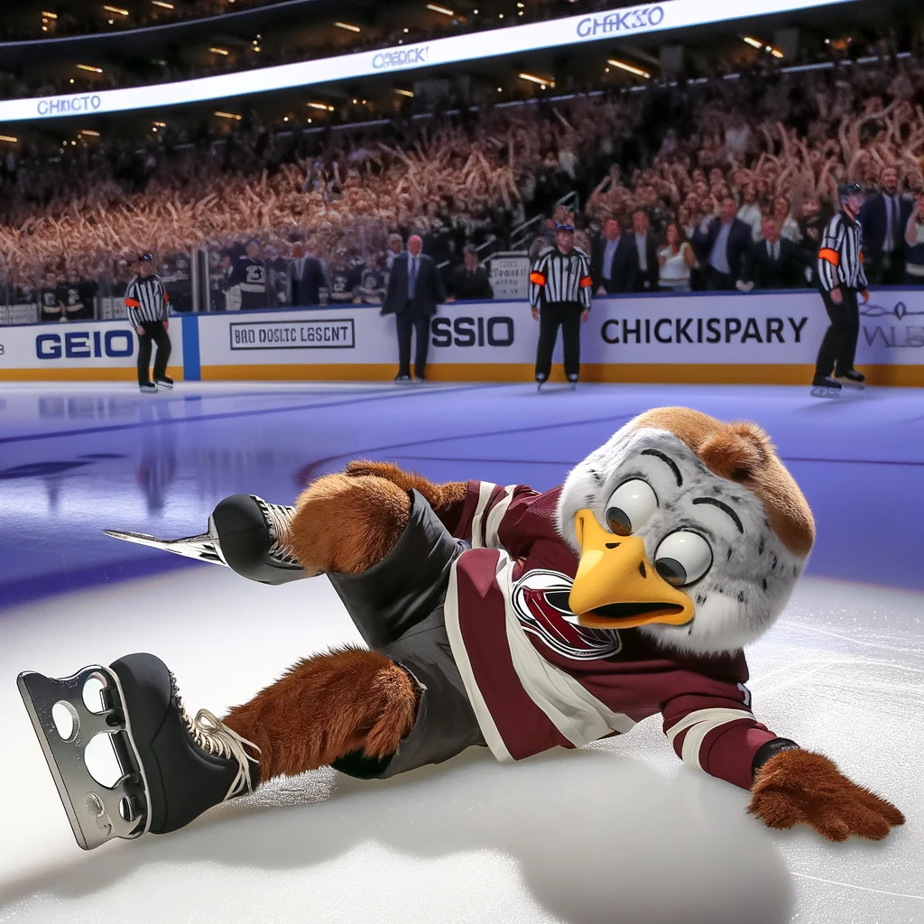 A mascot on the ice trying to skate but falling, with the caption 'When you're supposed to hype up the crowd but end up chilling on the ice'.