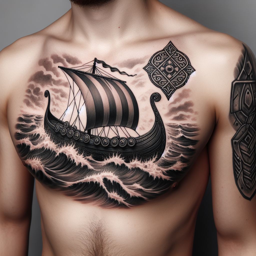 A chest tattoo featuring a Viking longship sailing through tumultuous seas, with the Vegvisir symbol above it as a guiding star. The ship should be detailed, with shields lining its side, and waves should appear almost lifelike, covering the chest area.