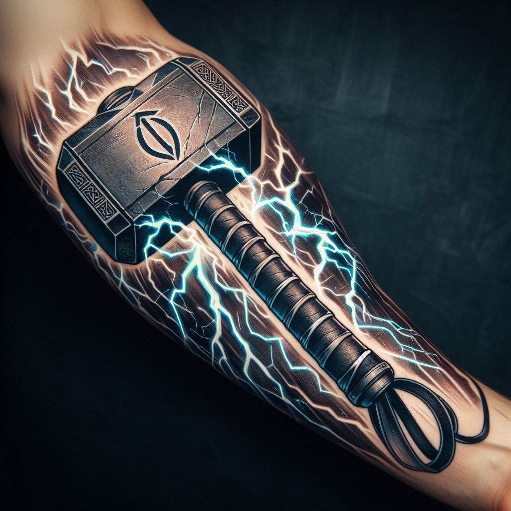 A forearm tattoo illustrating Thor's hammer, Mjolnir, with lightning bolts surrounding it and Norse runes engraved on the handle. The hammer should appear as though it is striking the forearm, with dynamic effects to suggest movement and power.