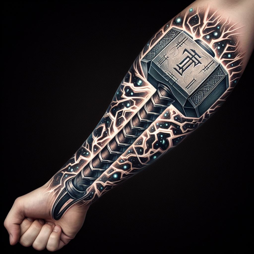A forearm tattoo illustrating Thor's hammer, Mjolnir, with lightning bolts surrounding it and Norse runes engraved on the handle. The hammer should appear as though it is striking the forearm, with dynamic effects to suggest movement and power.