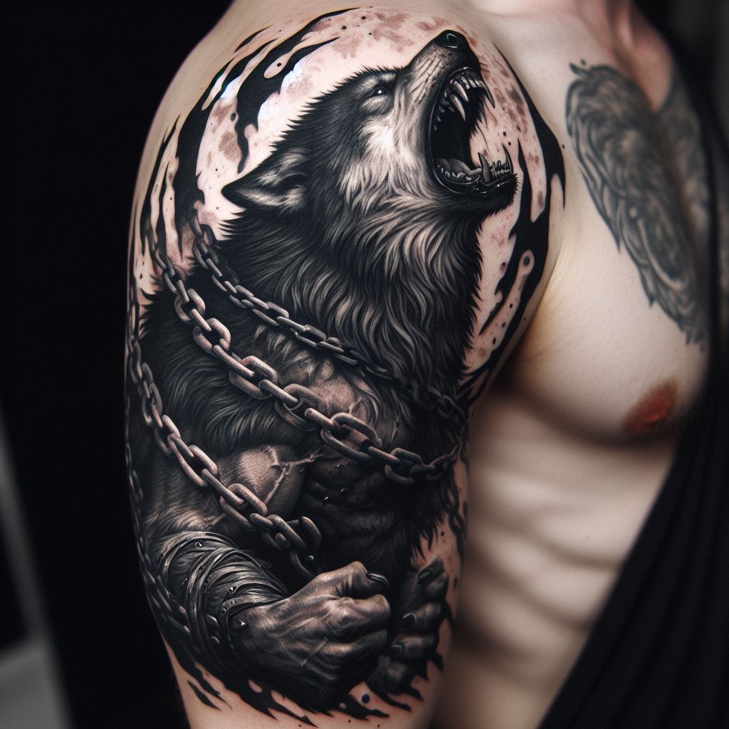 An upper arm tattoo of Fenrir, the monstrous wolf, in mid-howl, with the chains that bound him breaking. The tattoo should capture the ferocity and detail of Fenrir's fur and the broken chains, wrapping around the arm.