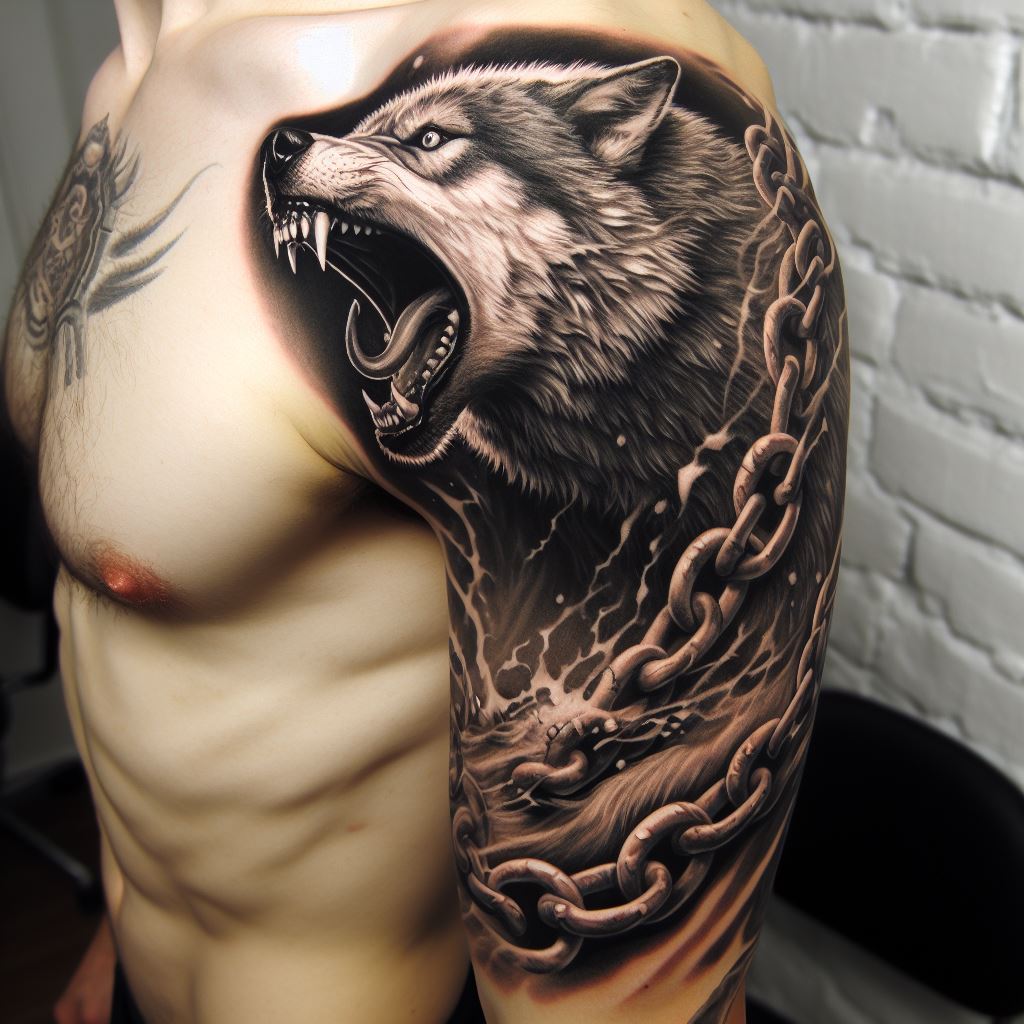 An upper arm tattoo of Fenrir, the monstrous wolf, in mid-howl, with the chains that bound him breaking. The tattoo should capture the ferocity and detail of Fenrir's fur and the broken chains, wrapping around the arm.