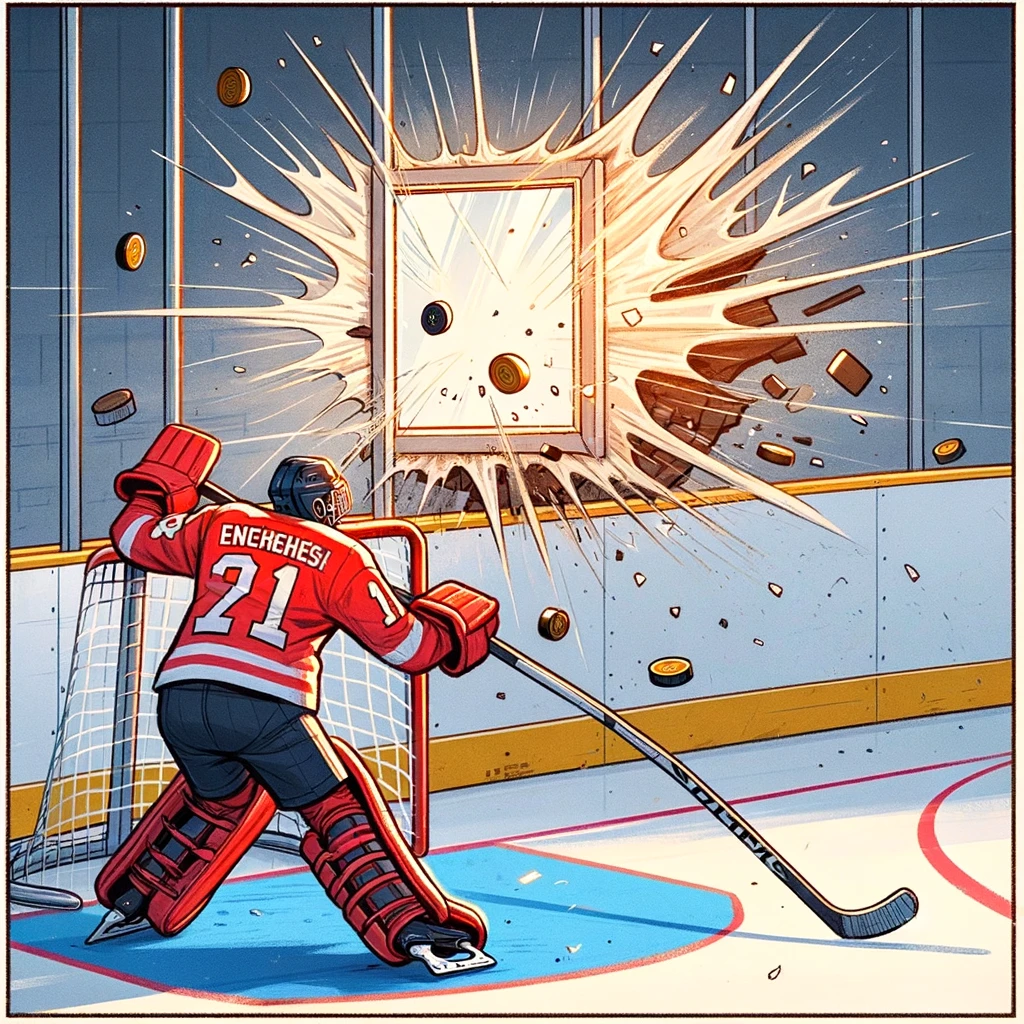 A player shooting the puck and it flying over the boards, with the caption 'When you go for the goal but score a window instead'.