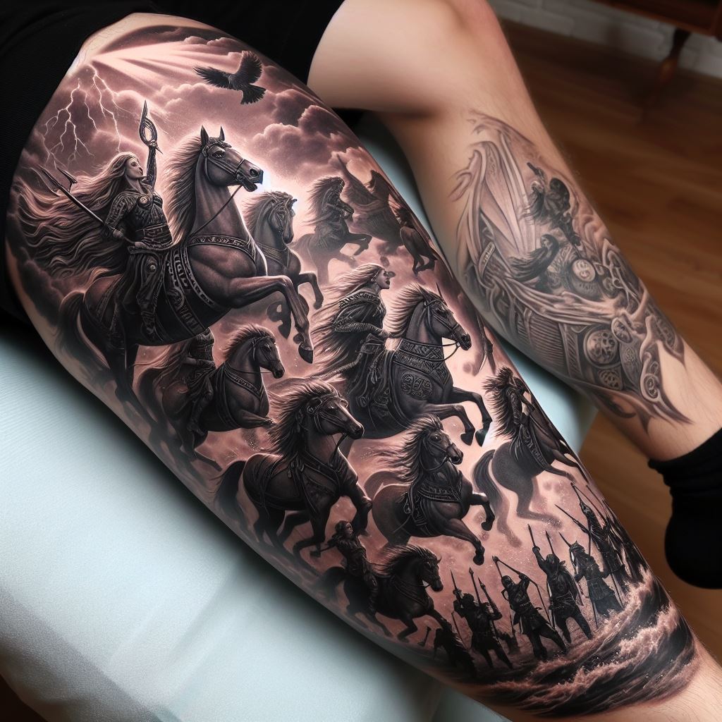 A calf tattoo showcasing the Valkyries descending from the skies on their horses, carrying fallen warriors to Valhalla. The tattoo should be dynamic, with detailed figures and a sense of depth, covering the entire calf.
