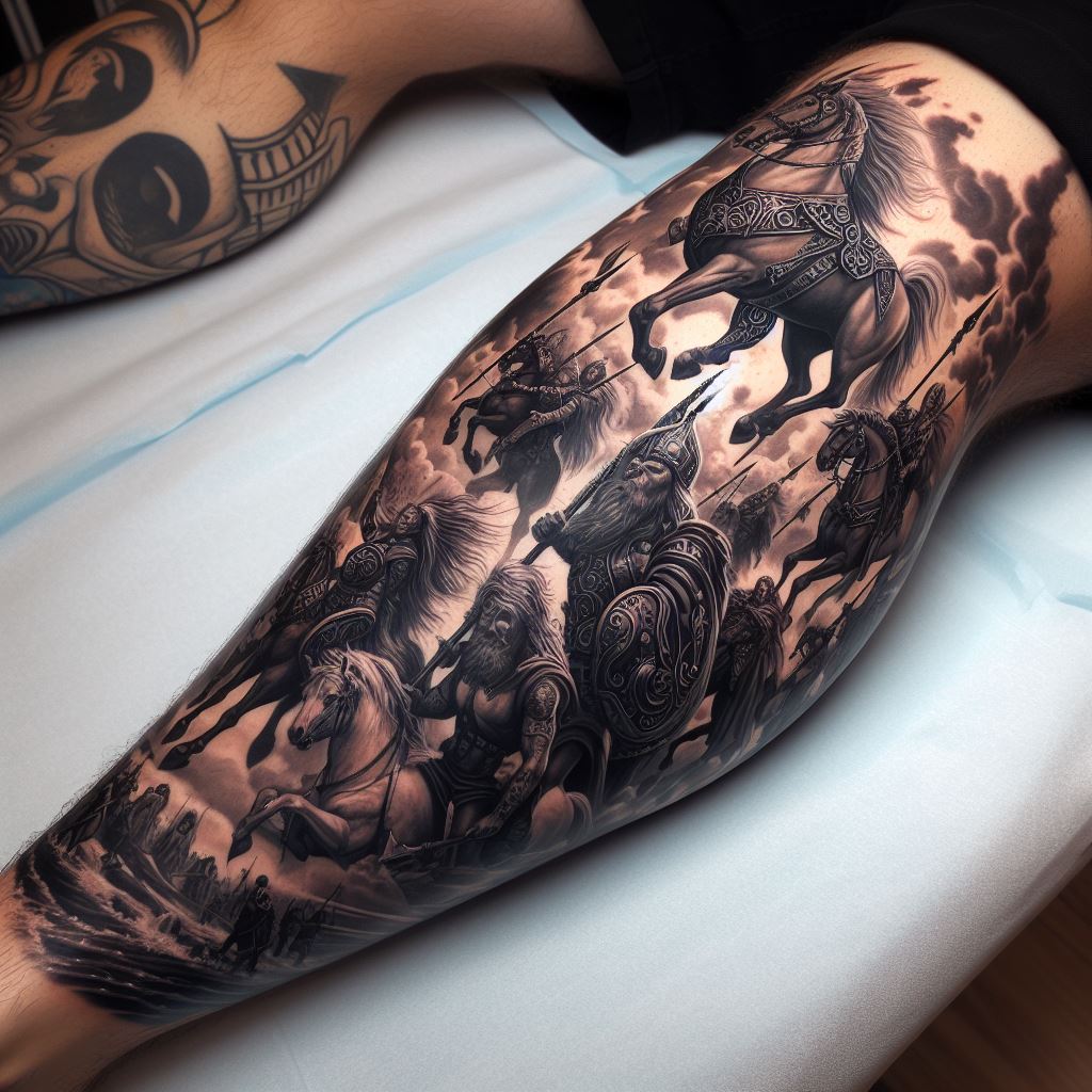 A calf tattoo showcasing the Valkyries descending from the skies on their horses, carrying fallen warriors to Valhalla. The tattoo should be dynamic, with detailed figures and a sense of depth, covering the entire calf.