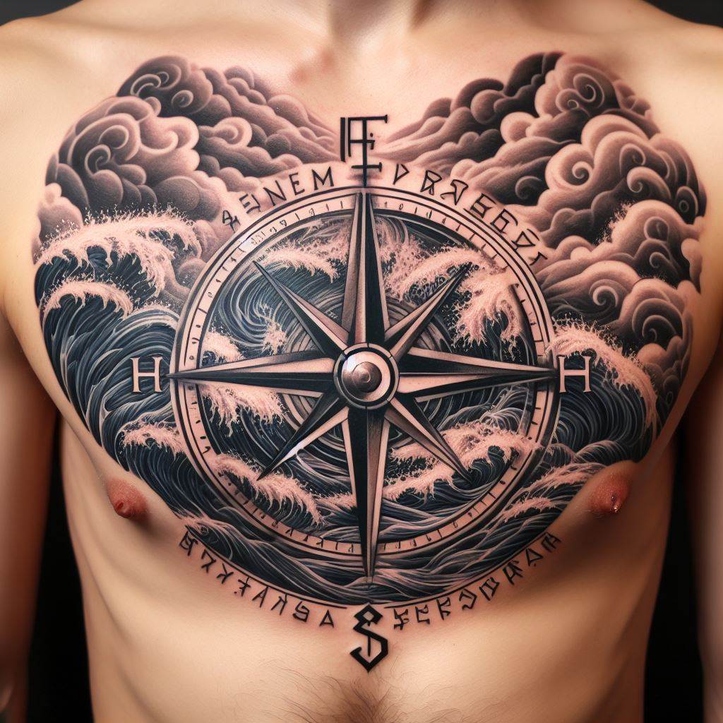 A ribcage tattoo of the Norse compass, Vegvisir, surrounded by a stormy sea and Norse runes. The Vegvisir should be the centerpiece, with detailed waves and clouds creating a sense of guidance through tumultuous times.