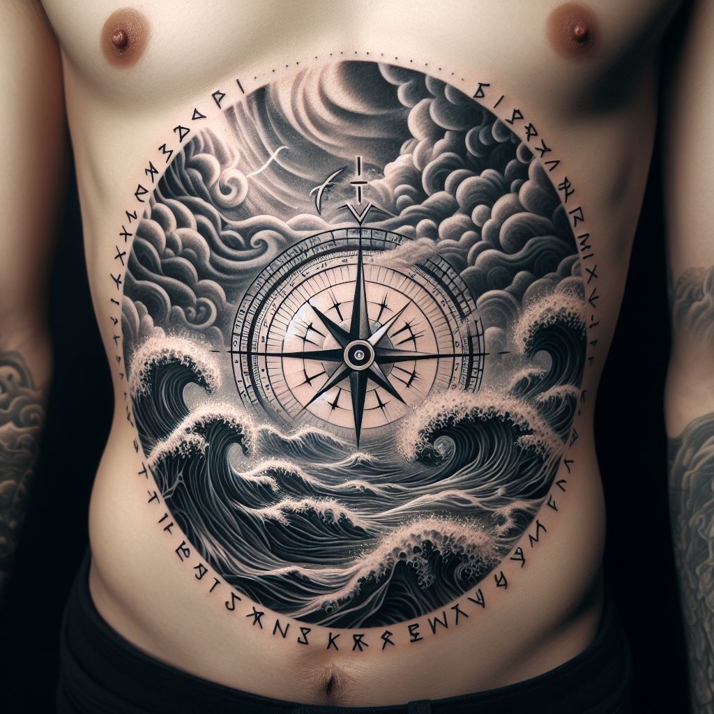 A ribcage tattoo of the Norse compass, Vegvisir, surrounded by a stormy sea and Norse runes. The Vegvisir should be the centerpiece, with detailed waves and clouds creating a sense of guidance through tumultuous times.
